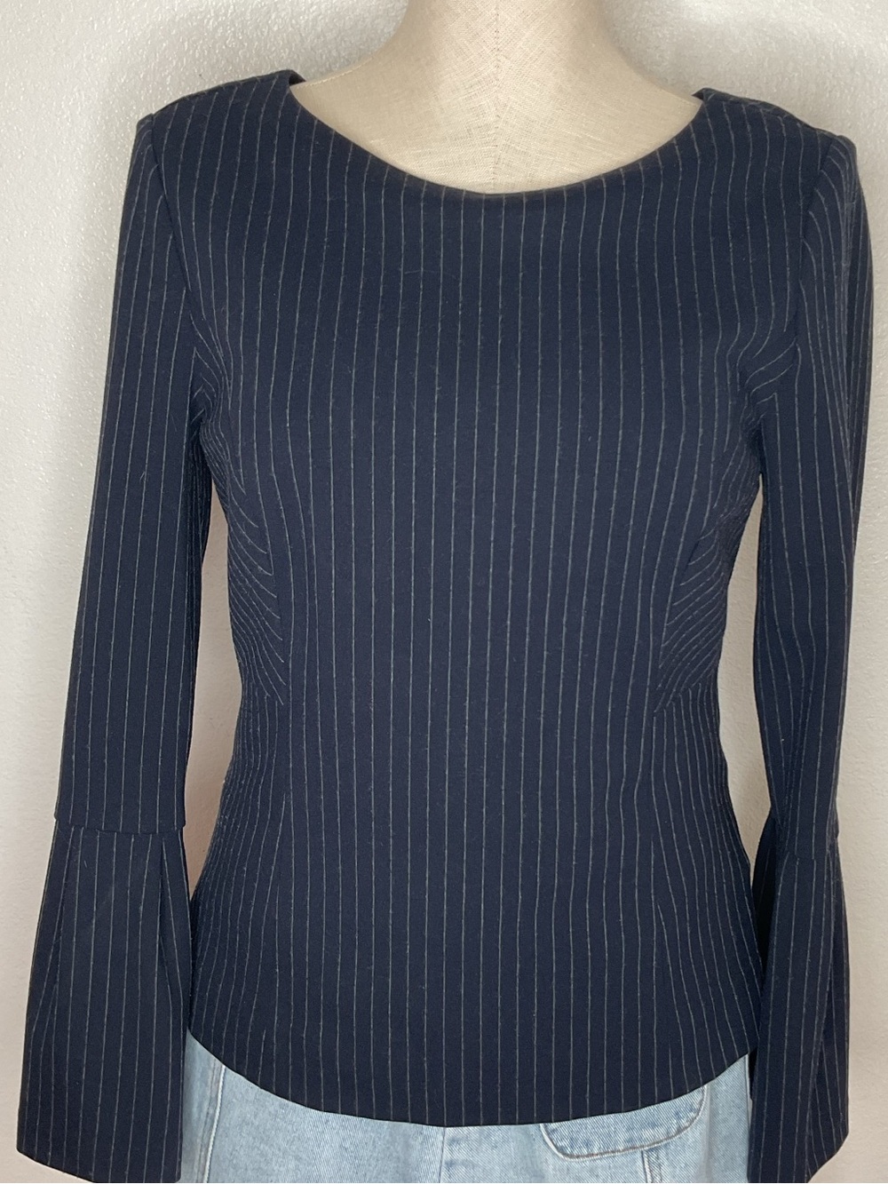 Etcetera Navy Pinstripe Long Sleeve Blouse